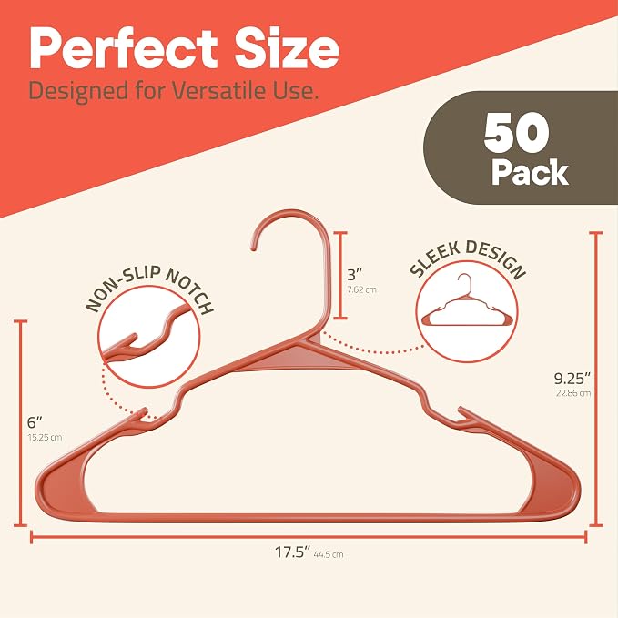 Plastic Clothes Hangers – Heavy Duty Hanger Set, for Organizing Clothes, Dresses, and Coat, Holds Up to 5 lbs, Space-Saving Hangers with Non-Slip Shoulder Grooves, Pack of 50, Brown - Image 2