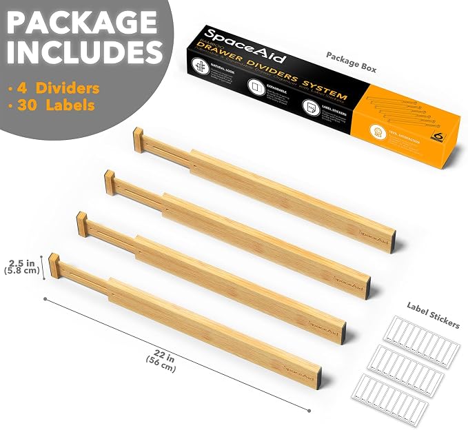 SpaceAid 4 Pack Bamboo Drawer Dividers with Labels, Kitchen Adjustable Drawer Organizers, Expandable Organization for Home Clothes Dressers (17-22 in, Natural) - Image 7