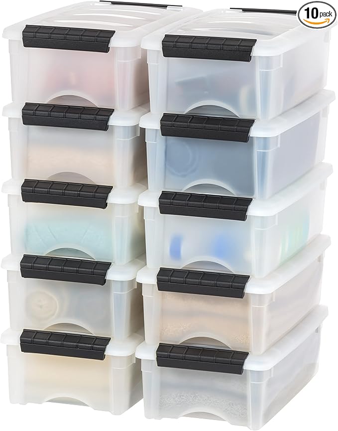 IRIS USA 6 Qt Stackable Plastic Storage Bins with Lids, 10 Pack - BPA-Free, Made in USA - Discreet Organizing Solution, Latches, Durable Nestable Containers, Secure Pull Handle - Pearl by IRISUSA