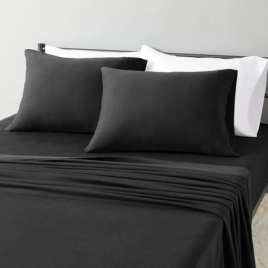 Amazon Basics 100% Cotton Jersey Bed Sheet Set, Queen, Black, Solid