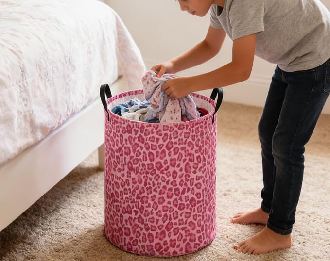 Kids Laundry Basket Pink Hamper for Nursery Hamper Cute Kids Storage Bin Room Decor for Home(Pink leopard print) - Image 3