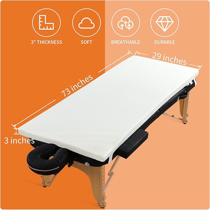 HOMBYS Memory Foam Bed Mattress Topper with Removable Cover, Massage Table Mattress Topper with Elastic Bands, Non-Slip Lash Bed Cushion Only, 73"x29"x3"