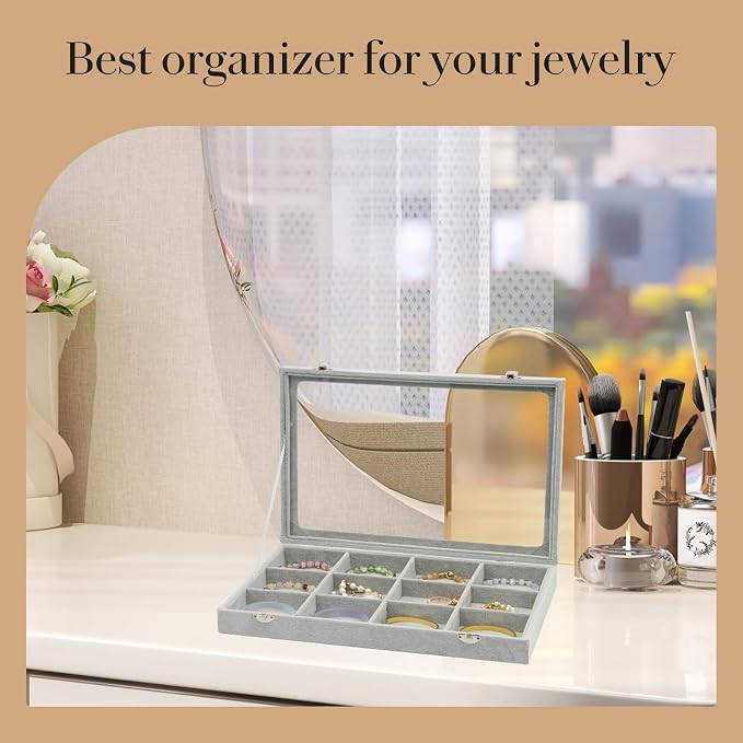 KOOAAICCHI Jewelry Organizer Bracelet Organizer Storage Box 12 Grid Stackable Jewelry Tray with Lid Velvet Jewelry Box Case Organizer for Home Drawer Desk or Store Selling Show(Velvet Grey) - Image 5