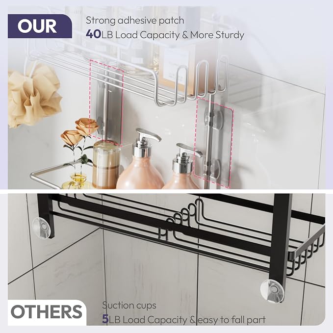 SWTYMIKI Bathroom Shower Caddy Hanging - 3 Tier Rustproof Over Shower Head Organizer, No Drilling Bathroom Shelf with 16 Hooks & Soap Holder, Anti-Swing Rack, Sand Nickel - Image 7
