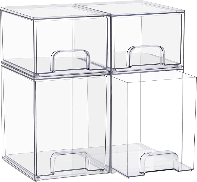 Sorbus Stackable Acrylic Storage Drawers, 4 Pack Clear Plastic Organizer Bins for Baby Bottles, Makeup, Bathroom, Vanity & Countertop Organization, Pull-Out Drawer Design for Cabinets & Pantry - Image 8