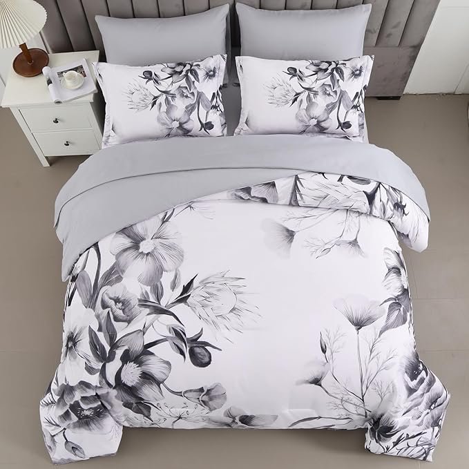 Luxudecor Floral Comforter Set Full Size 7 Piece, Black Flower Bed in a Bag, Elegant Ink Comforter Bedding Set for All Season (Ink, 80"x90")