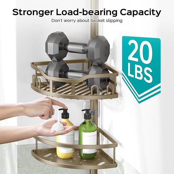 HAMITOR Corner Shower Caddy Tension Pole: Rustproof 4-Tier Bathroom Organizer Shelves for Bathtub Shampoo Storage - 47-121 Inch Quick Install Adjustable Rod Standing Rack with Soap Rack -Tan Khaki - Image 4