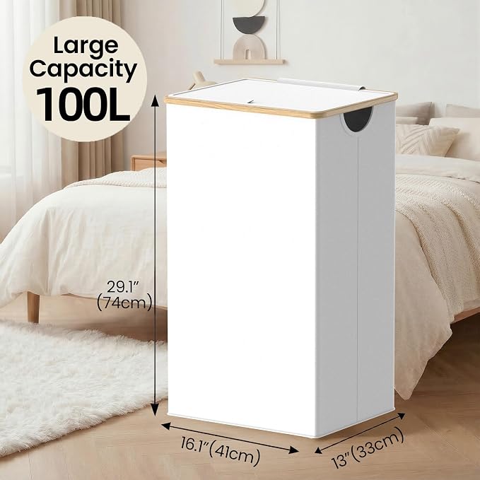 efluky Laundry Hamper with Lid, 100L Tall Laundry Basket with Bamboo Handles for Clothes and Toys, Collapsible Laundry Hamper with Inner Bag for Bedroom and Bathroom, White - Image 3