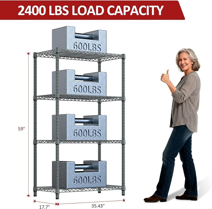 IZEUK 4-Tier Outdoor Metal Storage Shelving Unit, Heavy Duty Wire Rack Organizer with Rust-Resistant and Corrosion-Proof Coating (Grey, 17.7" D x 35.43" W x 59" H) - Image 3