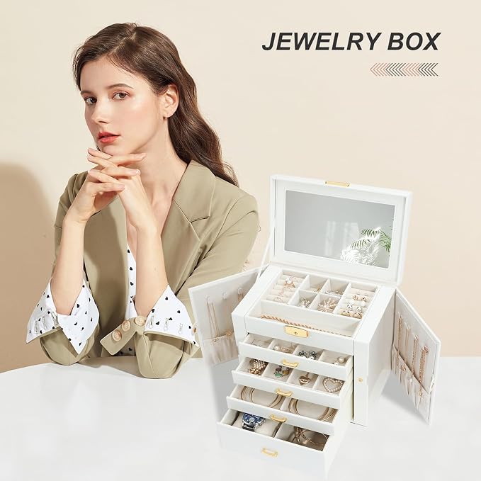 Jewelry Box for Women, 5-Layer Jewelry Organizers Box, Large Jewelry Storage Box for Girls, Jewelry Holder Organizers Gift for Valentine's Day, Christmas, New Year (White) - Image 6