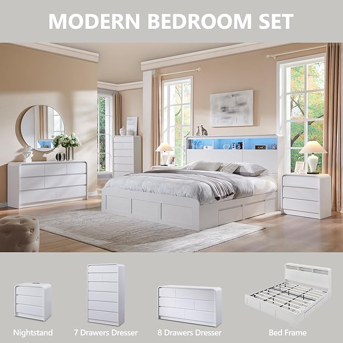 Aitjunz Modern 8 Drawers Dresser for Bedroom, 55" Wide Dressers & Chest of Drawers w/Curved Profile Design, Wood Mid Century Storage Dressers Organizer for Bedroom, Living Room, White