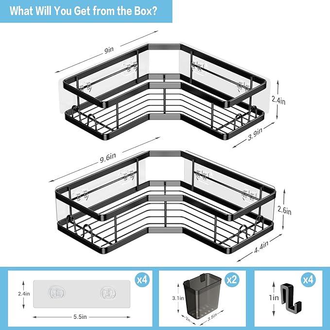 AKTECKE Corner Shower Caddy, 2 Pack Adhesive Shower Corner Organizer Shelves, No Drilling Stainless Steel Shower Storage Rack with Hooks&Toothpaste Holder for Bathroom Kitchen （for 90° Corners Only） - Image 6