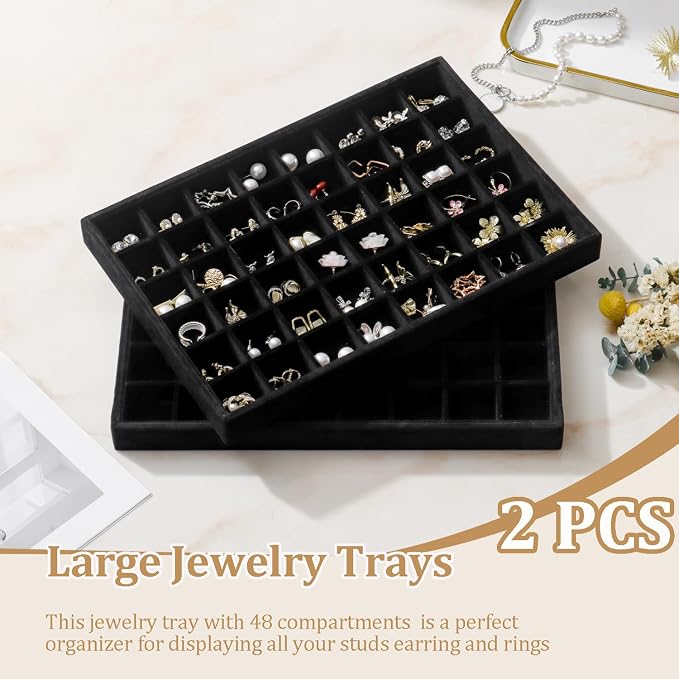 Large Velvet Jewelry Tray 2 Pack Stackable Jewelry Display Drawer Inserts Trays Organizer for Earring Bracelet Necklace Ring (Black, 48 Grids) - Image 2