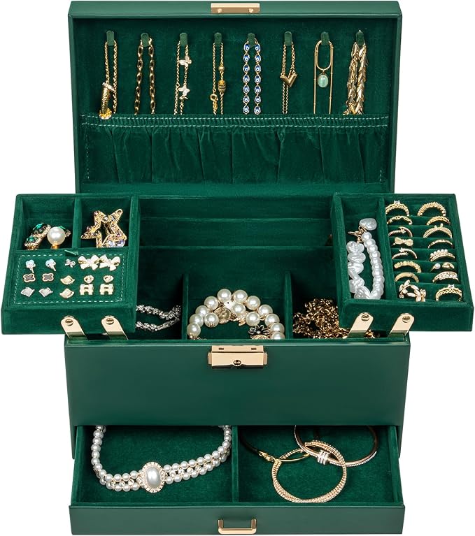 AKOZLIN Travel Jewelry Box Organizer Functional 2-trays Leather Jewelry Storage Case with Lockable Portable Drawer for Women Girls Ring Necklace Earring Bracelet - Image 2
