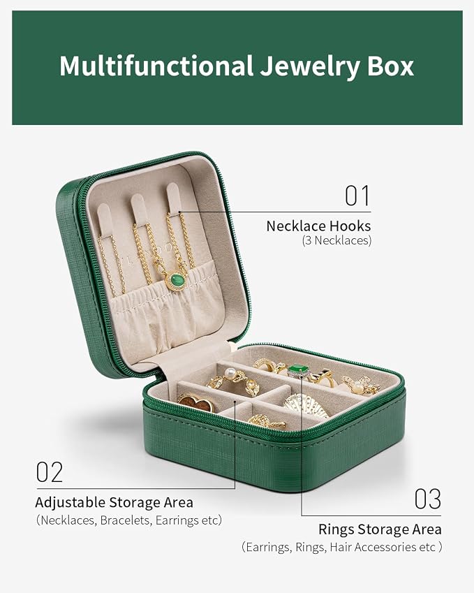 VLANDO Small Travel Jewelry Box Organizer - Girls Women Gift Rings Earrings Necklaces Jewelry Storage Display Case Dark Green - Image 3