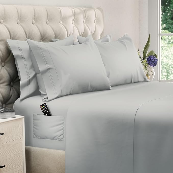DREAMCARE King Size Sheets Set - 6 pcs Breathable Cooling Bed Sheets - up to 21" Extra Deep Pocket King Sheet Set with Side Pockets - Extra Soft 100% Brushed Hypoallergenic Hotel Luxury Bedding L-Gray