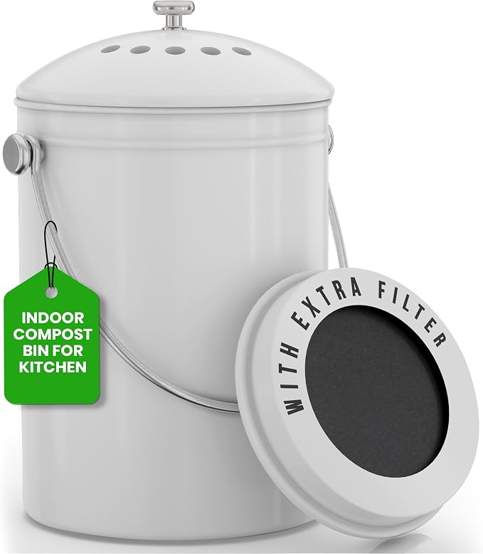 Utopia Kitchen Compost Bin for Kitchen Countertop, 1.3 Gallon Compost Bucket for Kitchen with Lid, Includes 1 Spare Charcoal Filter (White) by UTOPIAKITCHEN