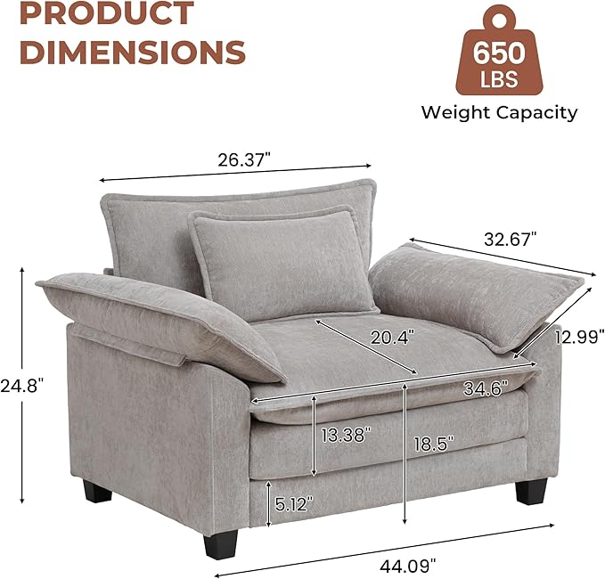 Modern Oversized Accent Chairs Set of 2,Chenille Cloud Sofa Chair with Deep Seat,Upholstered Armchair with Extra Thick,Comfy accent chairs Reading Chairs for Living Room Bedroom Apartment LIGHTGREY