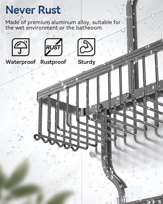 YASONIC Shower Caddy Hanging - Never Rust Organizer - Aluminum over The head caddy with 10 Hooks for Razor/Sponge - Shower Rack with Soap Basket - Grey - Image 3