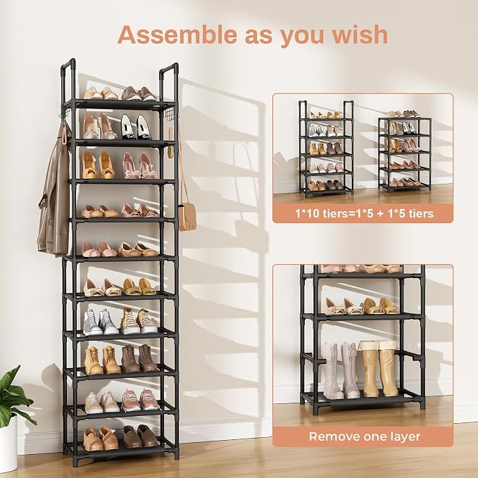 LANTEFUL 10 Tiers Shoe Rack 25 Pairs Large Capacity Tall Shoe Organizer Sturdy Shoe Storage with Two Hooks Space Saving Metal Narrow Shoe Rack for Closet, Entryway, Bedroom, Black - Image 5