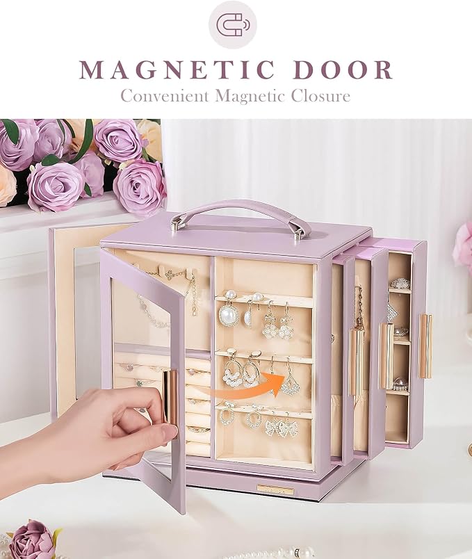 Homde Jewelry Box 360° Rotating, Necklace Earring Organizer with Transparent Window, Mirror, 7 Drawers, Large Ring Display Storage Case for Girls Women (Grey Purple) - Image 7