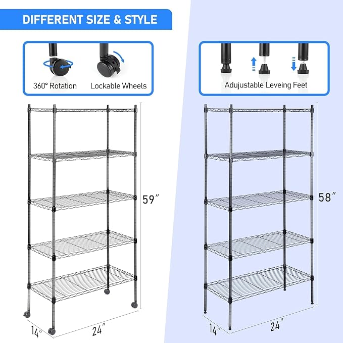Simple Deluxe 5-Tier Storage Shelving Units, 24.02" W x 13.78" D x 59" H Wire Shelf with Wheels & Leveling Feet, Black - Image 3