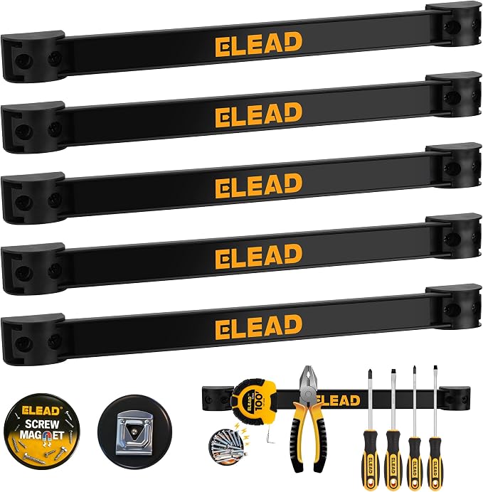 ELEAD 6-Piece 12" Magnetic Tool Holder Storage Organizer - Wall Mount Rack Garage Organization Power Magnet Hanger Workbench Board Slatwall Van Organizers Mounted Hanging Strip by ELEAD