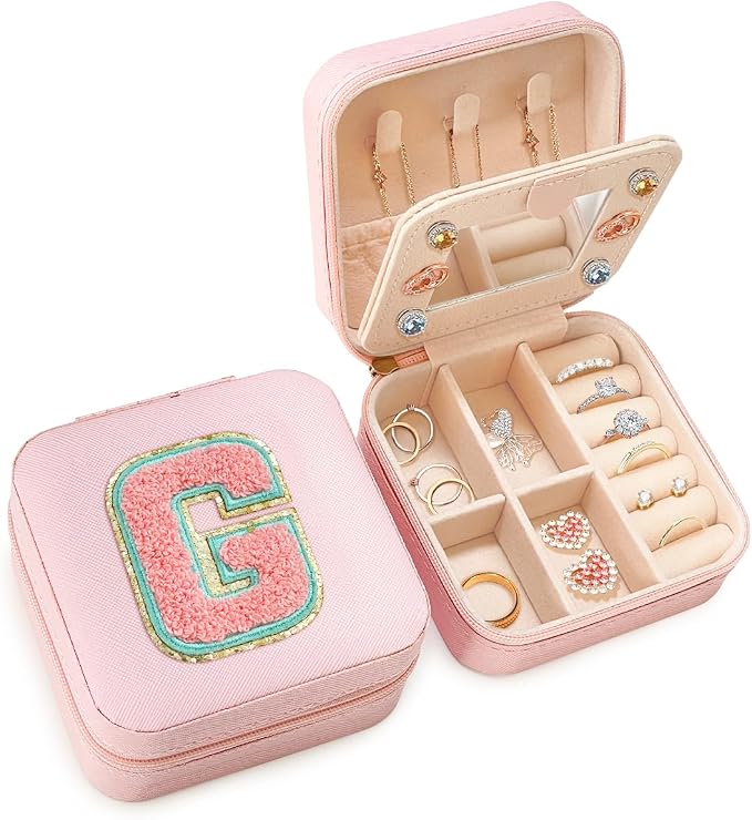 SANDJEST Personalized Jewelry Box, Pink Travel Jewelry Box with Initial G, Small Monogrammed Jewelry Case Organizer for Girls Women Teen Kids, Mini Travel Essentials Gifts for Birthday Christmas by SANDJEST