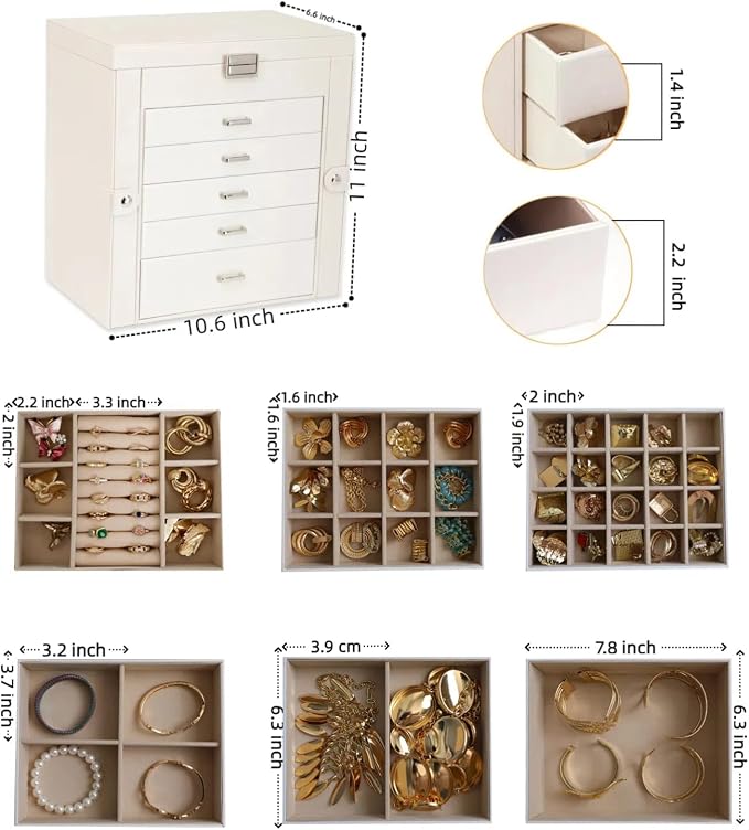BOOVO Jewelry Box For women, 6 Layer Large Jewelry Organizer With Mirror, Multi-Function Storage Box With Lock, Accessory Holder With 5 Drawers, For Earrings Necklace Ring Bracelet (Pearl White) - Image 5
