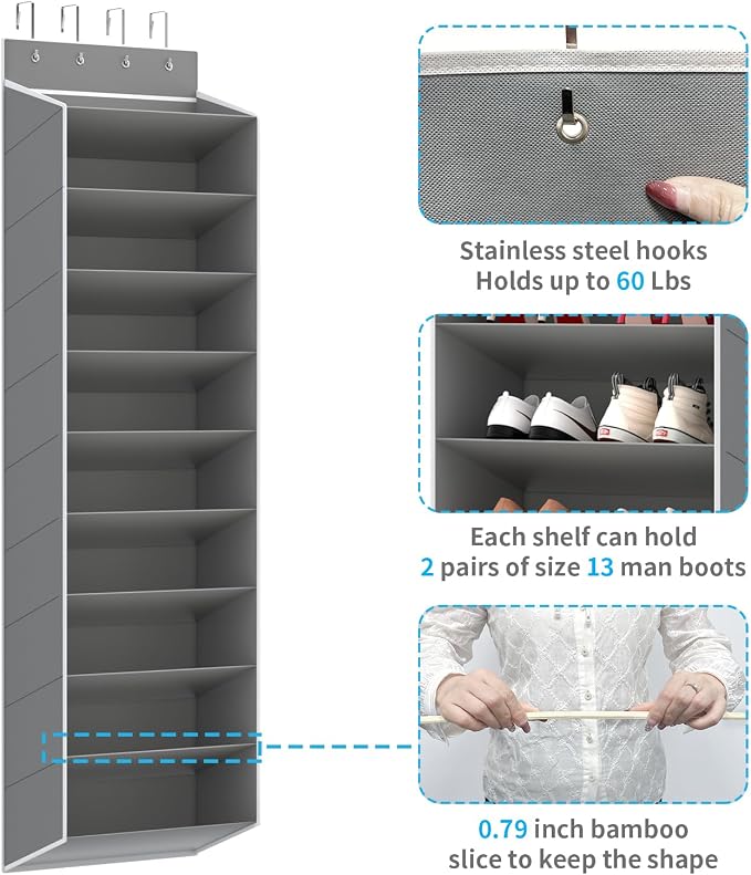 REGELETO 10 Tiers Large Size Over Door Shoe Organizer Storage, Hanging Shoe Rack for Door with Deep Pockets, Fit 20-30 Pairs Shoe Organizer Holder for Sneakers and Boots (Grey) - Image 4