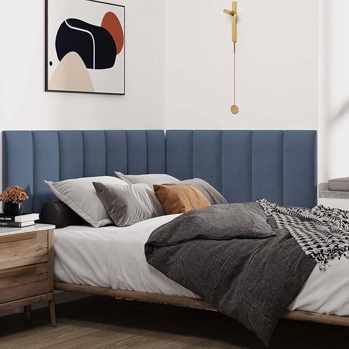 IFNOW Wall Mounted Upholstered Headboard Full, 3D Peel and Stick Soundproof Wall Panels, Reusable and Removable Padded Headboard Leather Bed Headboard, 6 Panels Headboard 9.84" x 23.62", Navy Blue