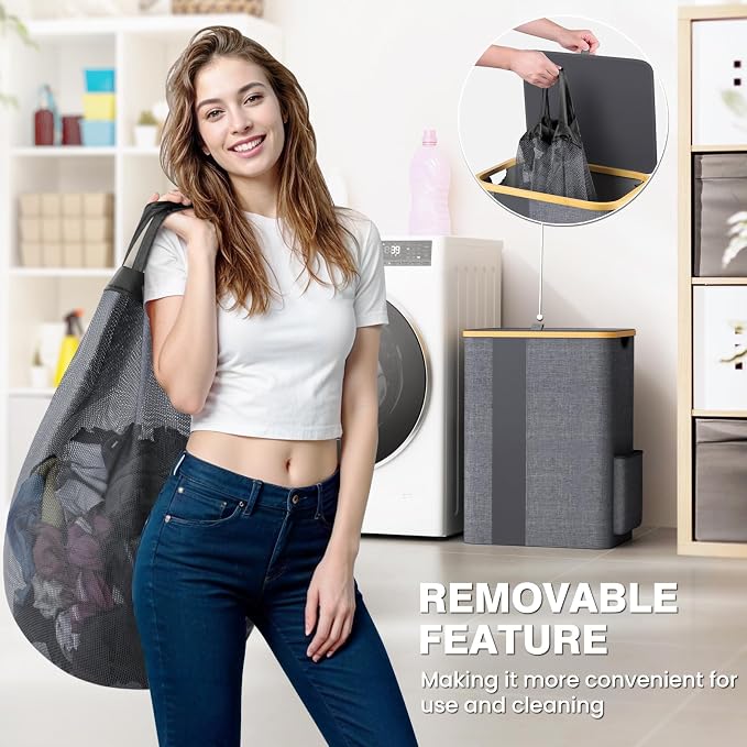 BlissTotes Laundry Basket with Lid, 80L Clothes Laundry Hamper with Handles and Removable Laundry Bag, Breathable Design Hamper with Lid for Bedroom, Bathroom, Dorm, Laundry Room - Light Grey - Image 2