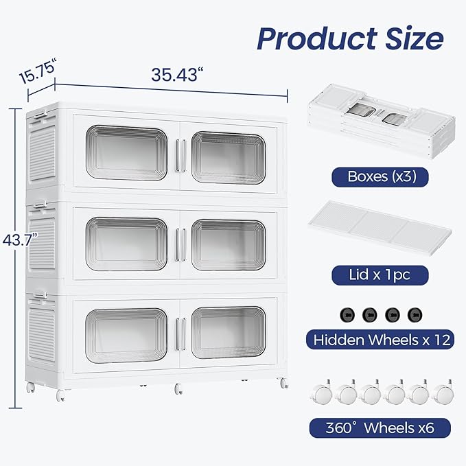150Gal Extra Large Stackable Storage Bins with Lid & Wheels & Doors, 200QT/50GAL 3-Tiers Collapsible Closet Organizers Plastic Containers Drawers Boxes for Home Kitchen Bedroom, White