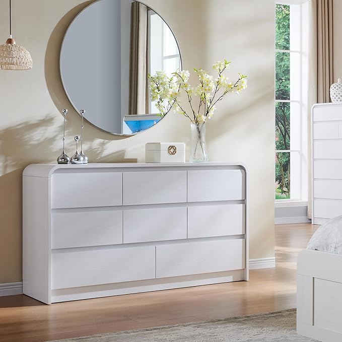 Aitjunz Modern 8 Drawers Dresser for Bedroom, 55" Wide Dressers & Chest of Drawers w/Curved Profile Design, Wood Mid Century Storage Dressers Organizer for Bedroom, Living Room, White