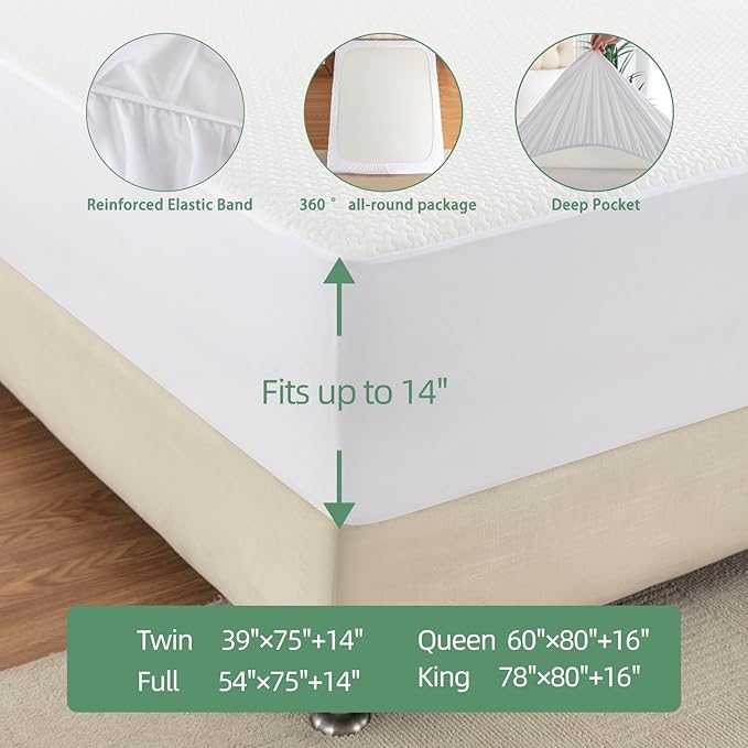 JOSOP 100% Waterproof Full Size Mattress Protector,Breathable Cooling 3D Air Bamboo Viscose Mattress Cover,Fitted with 6"-14'' Deep Pocket,Hypoallergenic Noiseless Machine Washable