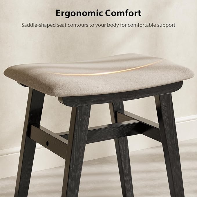 Muwuele Solid Wood Vanity Stool, Compact Makeup Chair with Saddle Cushion, Linen-Covered High Rebound Sponge Seat, Easy Assembly Footstool for Bedroom, Entryway, Home, Black
