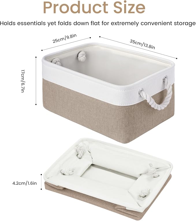 Storage Baskets for Shelves 13.8x9.8x6.7 Inch, Foldable Fabric Storage Bins with Handles, Small Storage Baskets for Organizing Closet, Office, Home Organization (1-Pack, White&Khaki) - Image 4