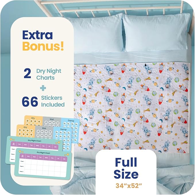 IMPROVIA® Pee Pads for Kids - Bed wetting Pads for Kids Potty Training Bed mats for Toddlers Waterproof Reuseable Washable Absorbent, Non Slip - Space Design - Full Size 34”x52