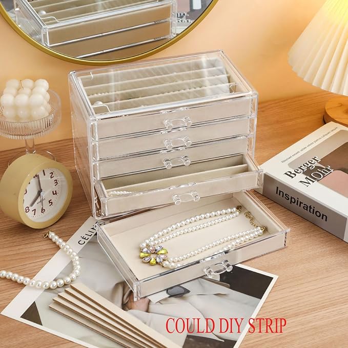 5 Drawers Necklace Organizer Storage, Tray with Clear Lid, Dustproof Velvet Necklaces Holder Storage Display Case, Necklace Tray Drawer Insert for Pendant Suitable for Women and Girls (25 grids) - Image 5