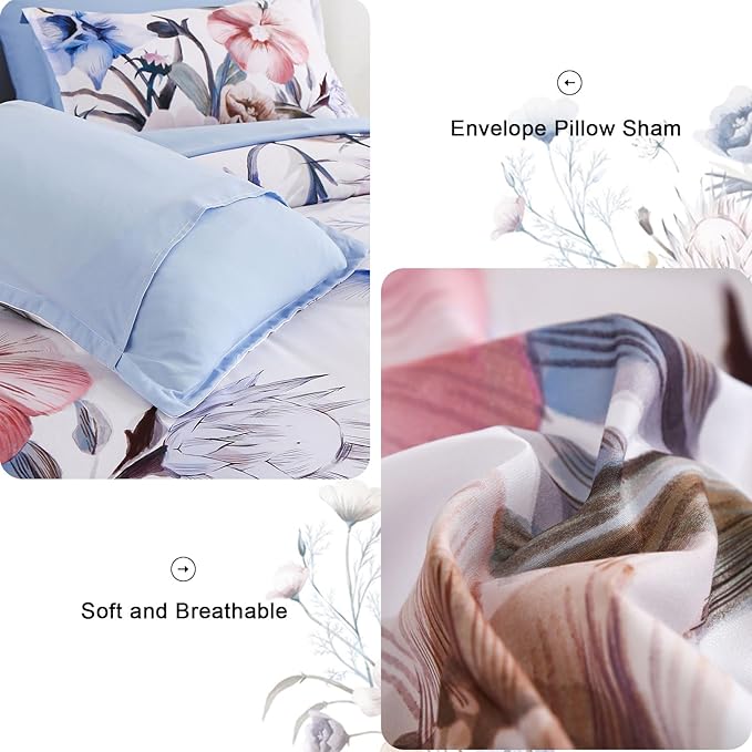 Luxudecor Floral Comforter Set Twin Size 5 Piece, Blue Flower Bed in a Bag, Elegant Floral Comforter with Sheet Set, Soft Microfiber Bedding Set for All Season (Blue, 68"x86")