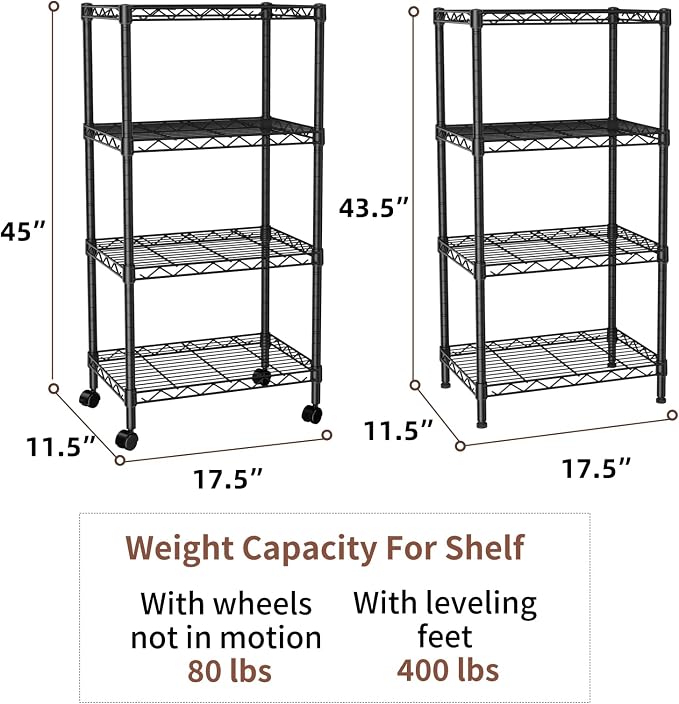 SINGAYE 4 Small Shelves Storage Shelf Wire Shelving Unit Metal Shelf Adjustable Organizers Storage Shelving with Wheels for Bathroom Laundry Room Kitchen Pantry11.5”D x 17.5”W x 30.5”H Black - Image 3