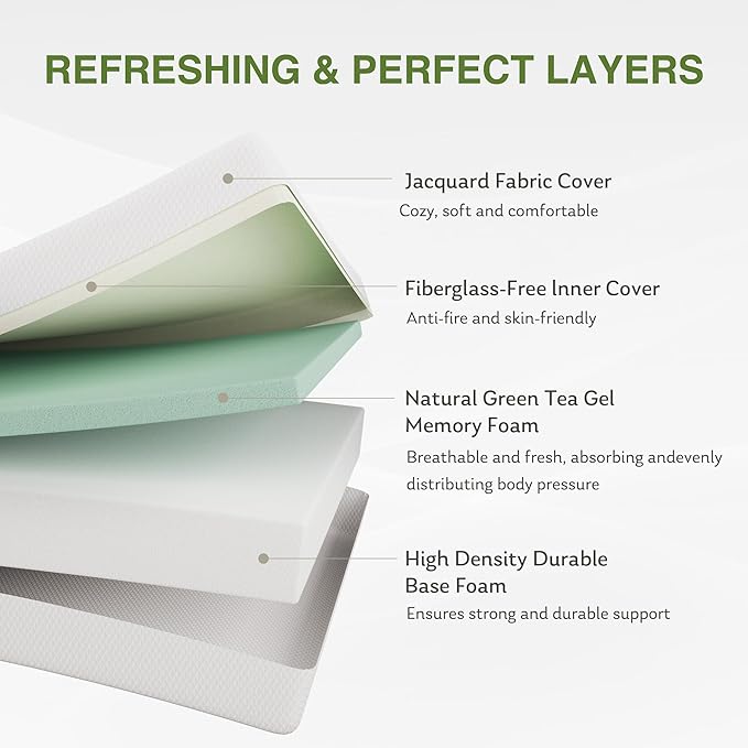EGOHOME 10 Inch Short Queen Mattress, Memory Foam Mattress in a Box with Cooling Green Tea Gel, Relieve Pressure with Medium Firm Support, CertiPUR-US Certified, 60''L x 75''W, White