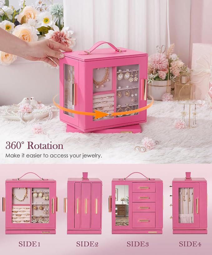 Homde Jewelry Box 360° Rotating, Necklace Earring Organizer with Transparent Window, Mirror, 7 Drawers, Large Ring Display Storage Case for Girls Women (Pink) - Image 3