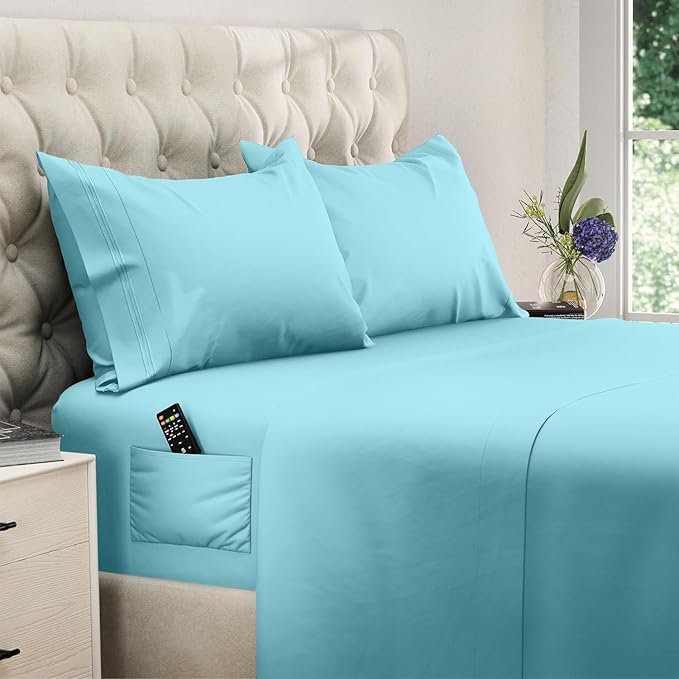 DREAMCARE Twin XL Sheet Sets - 4 pcs Breathable Cooling Bed Sheets - up to 15" Deep Pocket Twin XL Sheets Set with Side Pockets - Extra Soft 100% Brushed Hypoallergenic Hotel Luxury Bedding - Spa Blue