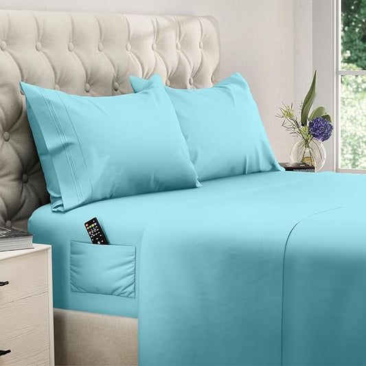 DREAMCARE Full Size Sheets Set - 4 Pcs Cooling Bed Sheets with Up to 15" Deep Pockets - Soft, Long-Lasting 100% Brushed Polyester with Side Pocket (Spa Blue)