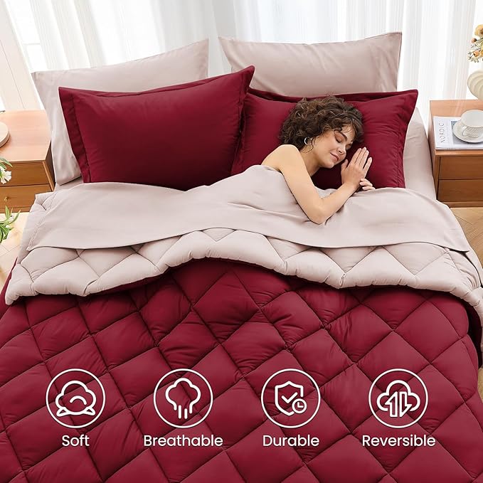 MUXHOMO 7 Pieces Full Comforter Set, Reversible Bed in a Bag Full Size, All Season Bedding Set with Comforter, Flat Sheet, Fitted Sheet, Pillowcases & Shams, Burgundy & Rose Gold