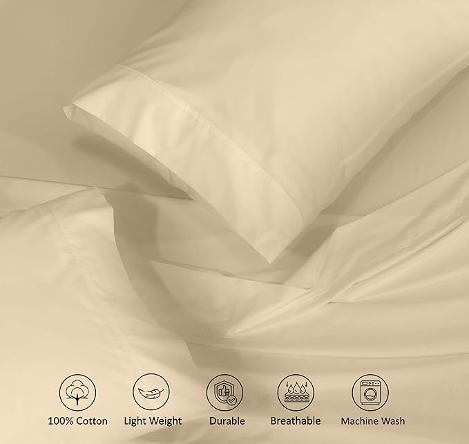 RUVANTI 100% Cotton Sheets – King Size Percale Bedding, Cooling & Breathable, Durable with a Crisp, Soft & Comfortable Feel, 16" Deep Pocket, 4-Piece Set, Beige