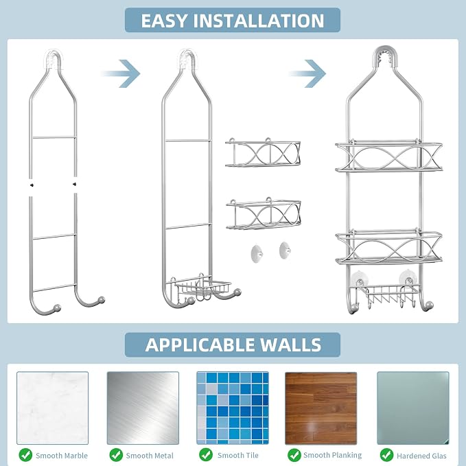GAOKASE Shower Caddy Hanging 3 Tier with Two Movable Baskets, Grey Shower Caddy with Hooks for Towels, Sponge and More - Image 9