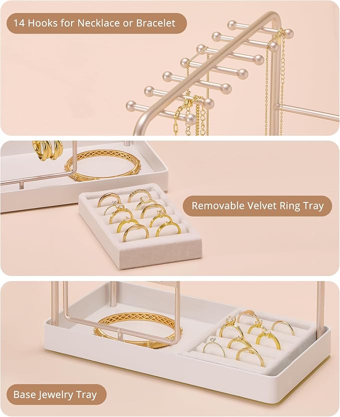ProCase Jewelry Stand Holder Organizer, Jewelry Display Storage with Ring Tray, Rotating Earring Bracelet Necklace Holder, Valentine's Gifts Room Dorm Decor for Teen Girls -Champagne (No-Assembly) - Image 7