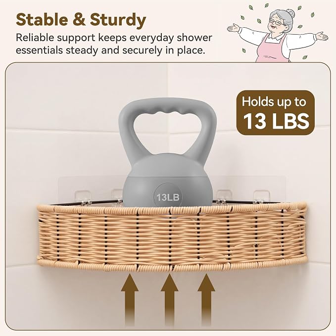 GRANNY SAYS 2 Pack Wicker Corner Shower Caddy Hanging, Shower Shelf for Inside Showers, Adhesive Shelves for Bathroom Organizers and Storage, Bathroom Shelves Wall Mounted for Home Decor, Natural - Image 5